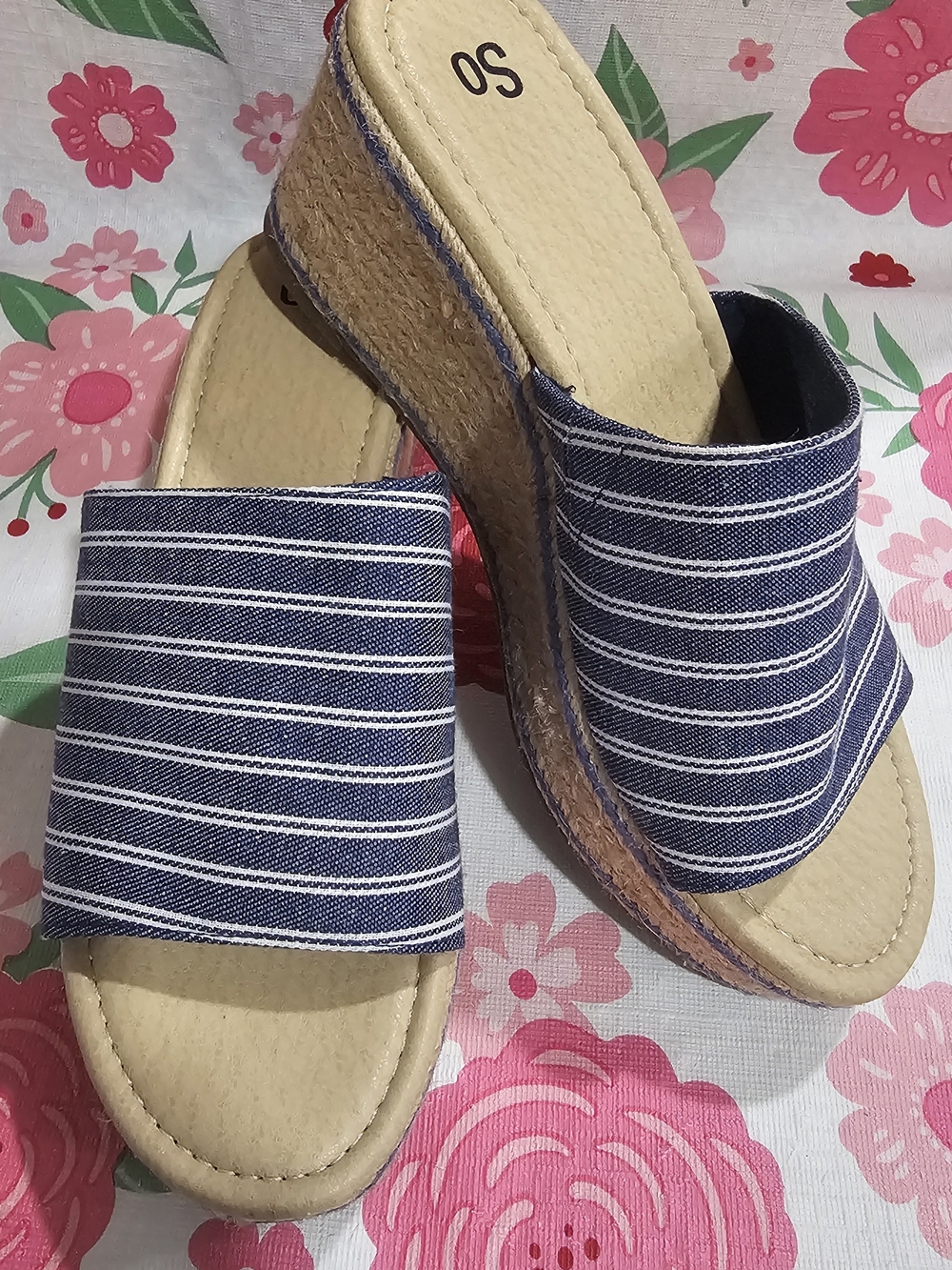SO Navy and White Striped Wedge Slide Sandals